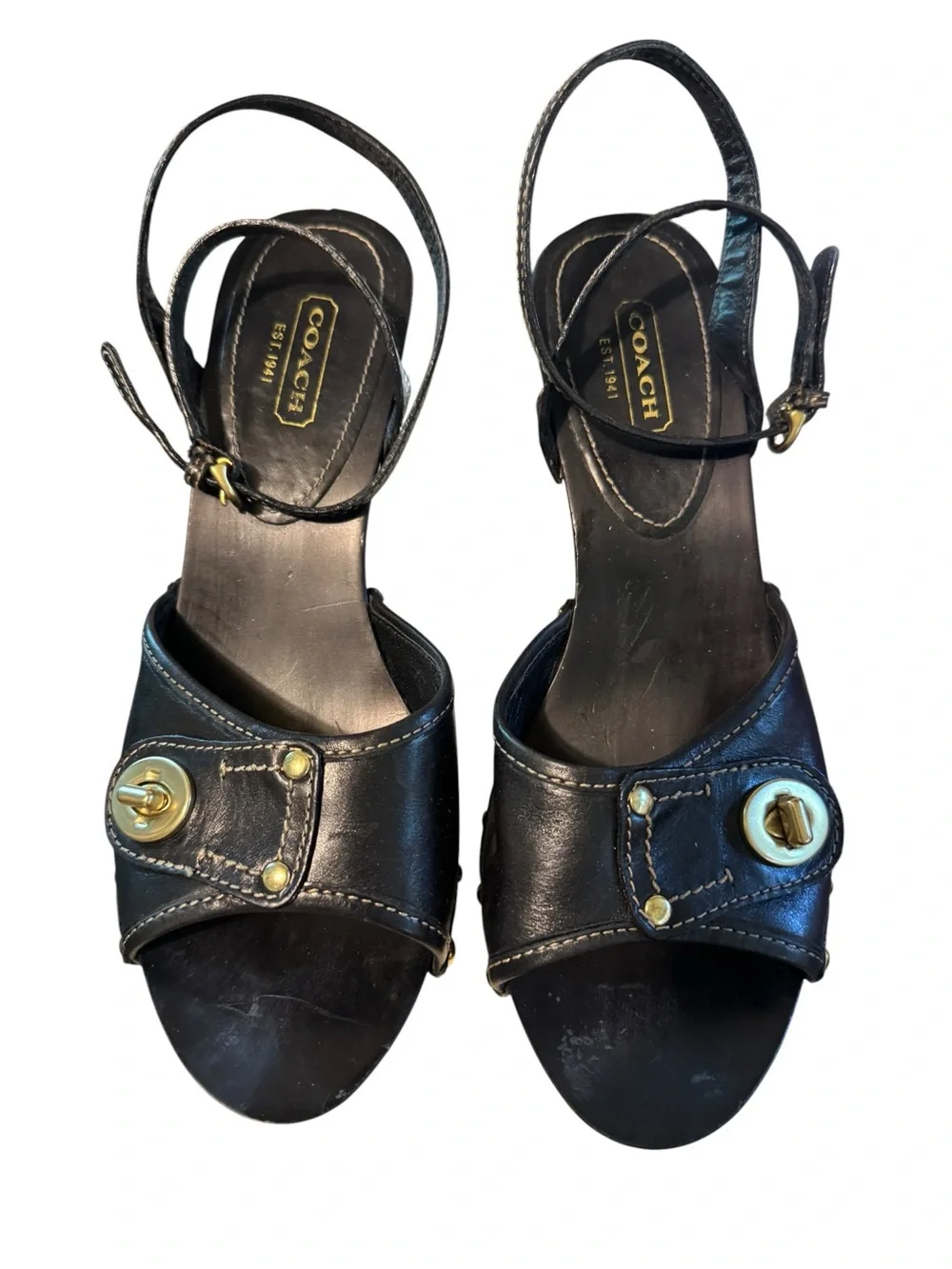 Coach Turnlock Leather Platform Ankle Strap Heels Black Studded Size 11